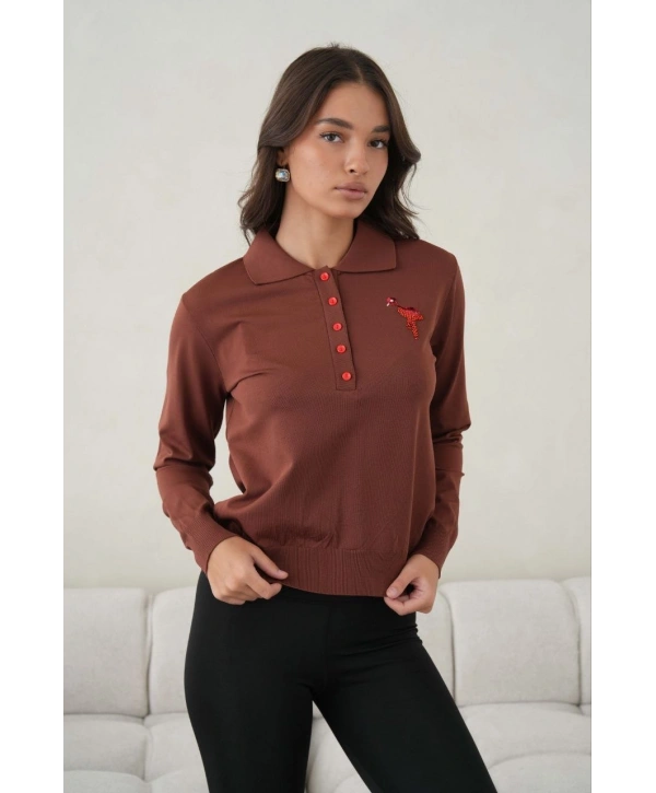 Kadın Bordo Polo YakaNakış Detaylı Düğmeli Triko Kazak