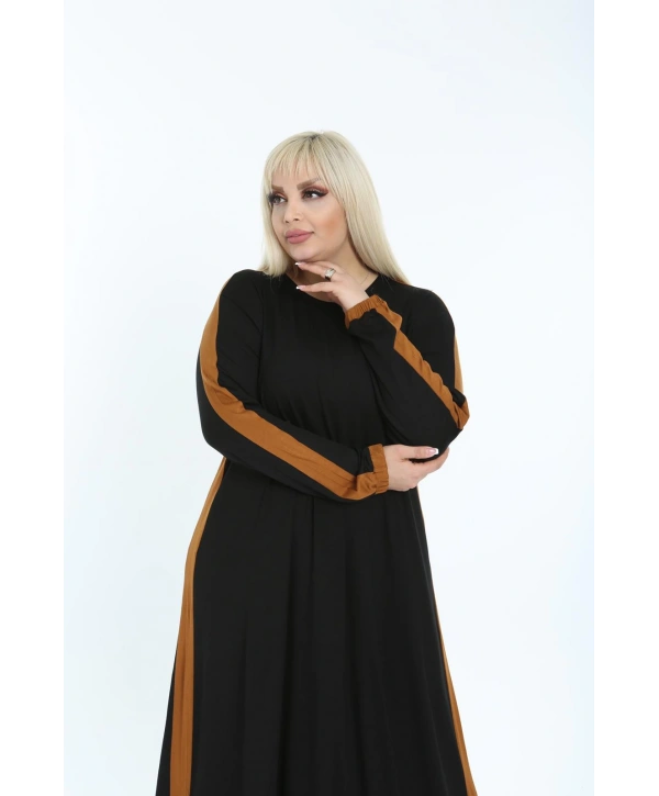 Kadın Kiremit Büyük Beden Şerit Detaylı Elbise