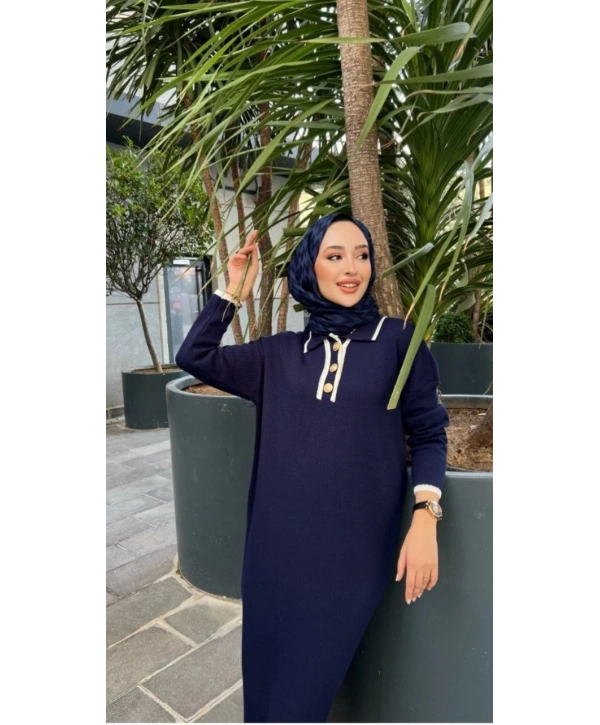 Kadın Oversize Yaka Düğmeli Triko Elbise