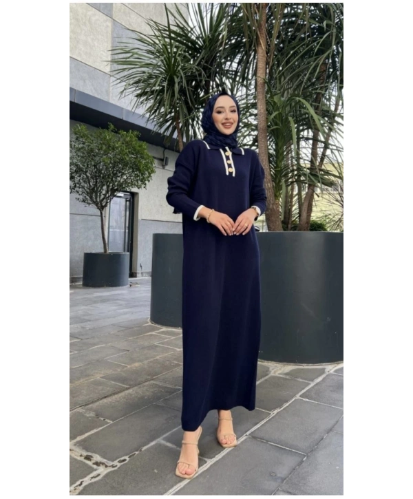 Kadın Oversize Yaka Düğmeli Triko Elbise