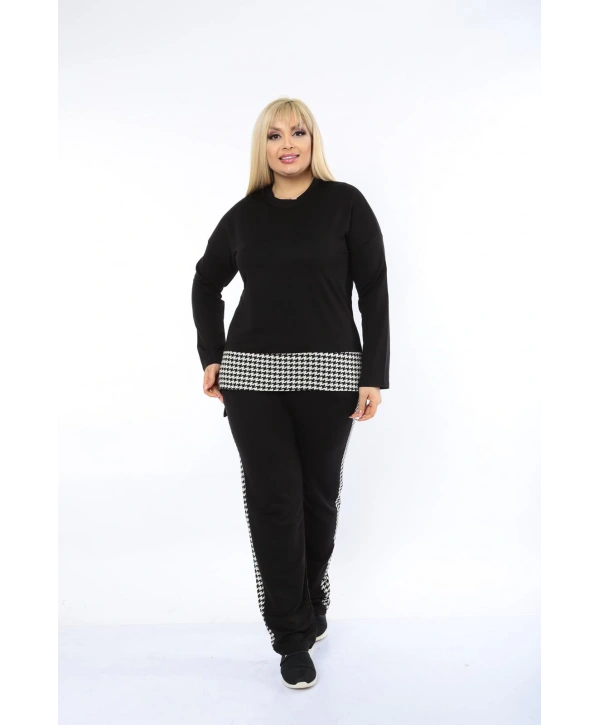 Kadın Siyah Kazayağı Desenli Büyük Beden Eşofman Takımı