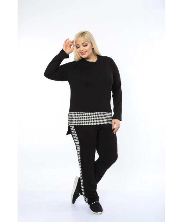 Kadın Siyah Kazayağı Desenli Büyük Beden Eşofman Takımı