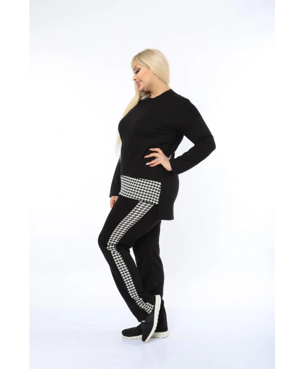 Kadın Siyah Kazayağı Desenli Büyük Beden Eşofman Takımı