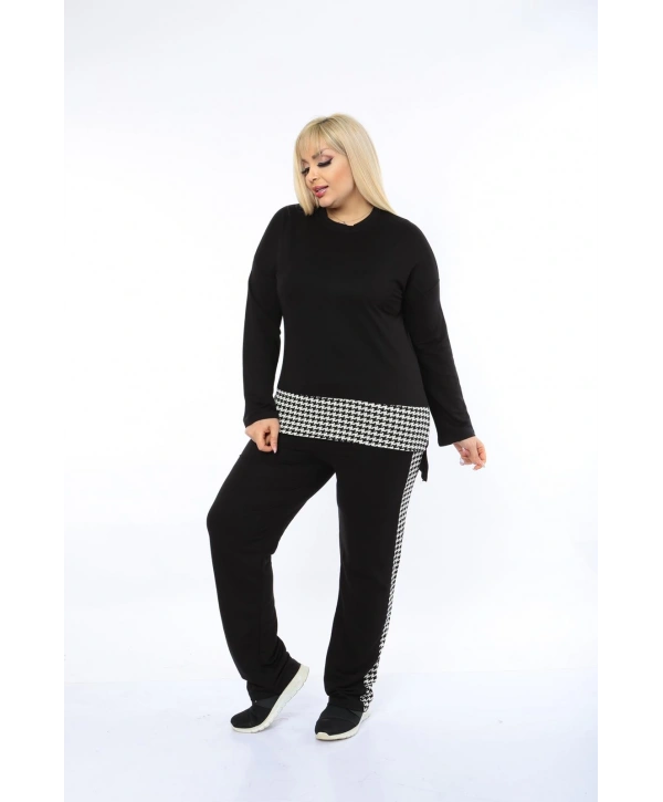 Kadın Siyah Kazayağı Desenli Büyük Beden Eşofman Takımı