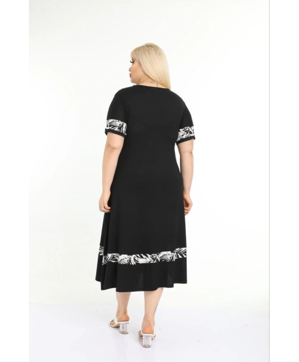 Kadın Siyah Kol ve Etek Ucu Desenli Büyük Beden Elbise