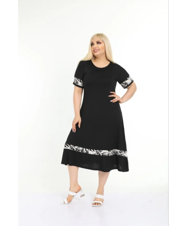 Kadın Siyah Kol ve Etek Ucu Desenli Büyük Beden Elbise