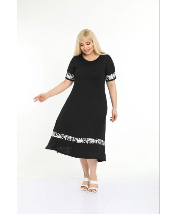 Kadın Siyah Kol ve Etek Ucu Desenli Büyük Beden Elbise