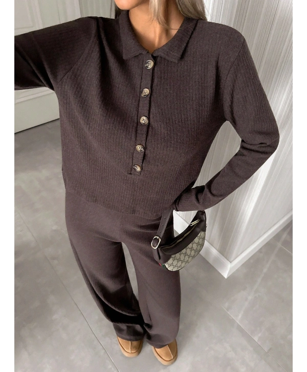 Kadın Uzun Kollu Yaka Düğmeli Yüksek Bel İkili Takım