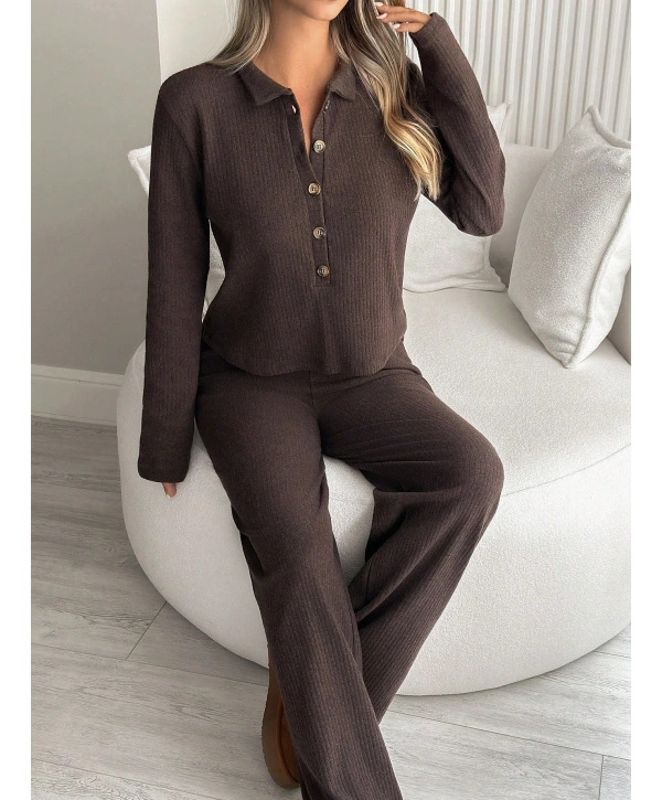 Kadın Uzun Kollu Yaka Düğmeli Yüksek Bel İkili Takım