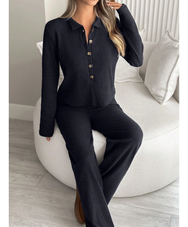 Kadın Uzun Kollu Yaka Düğmeli Yüksek Bel İkili Takım