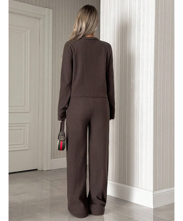 Kadın Uzun Kollu Yaka Düğmeli Yüksek Bel İkili Takım