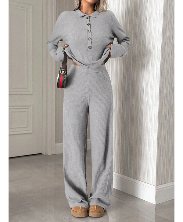 Kadın Uzun Kollu Yaka Düğmeli Yüksek Bel İkili Takım