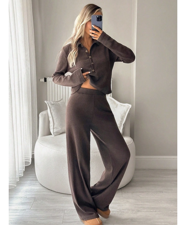 Kadın Uzun Kollu Yaka Düğmeli Yüksek Bel İkili Takım