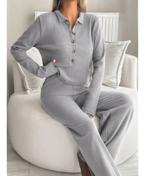 Kadın Uzun Kollu Yaka Düğmeli Yüksek Bel İkili Takım