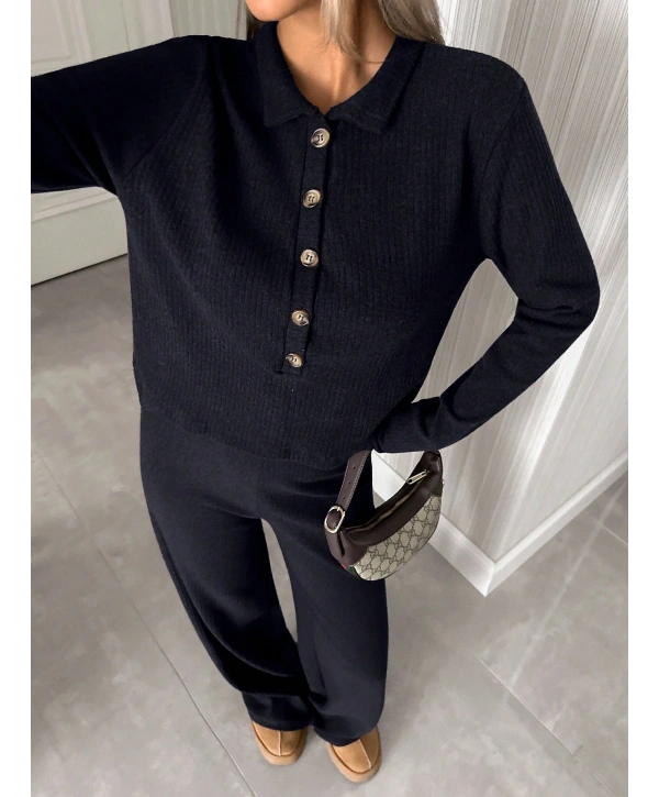 Kadın Uzun Kollu Yaka Düğmeli Yüksek Bel İkili Takım