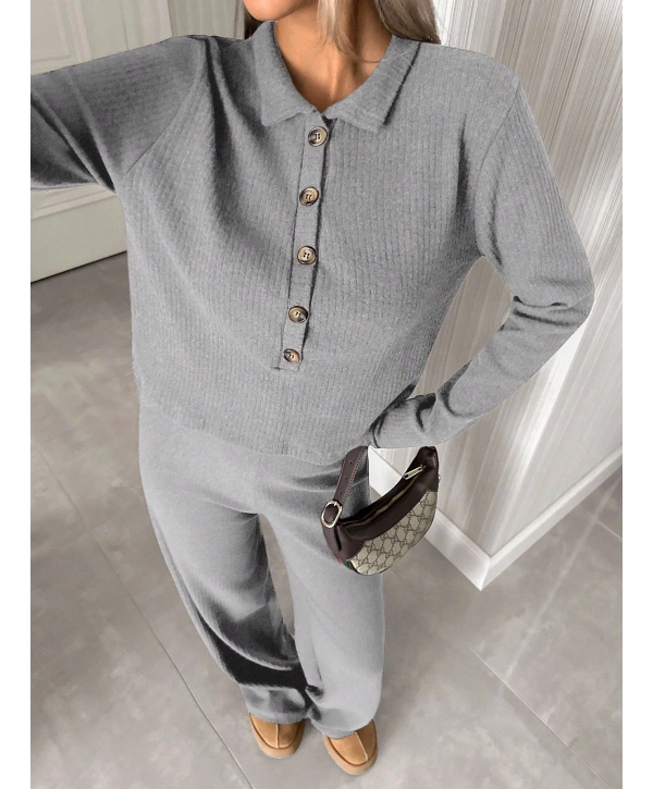 Kadın Uzun Kollu Yaka Düğmeli Yüksek Bel İkili Takım