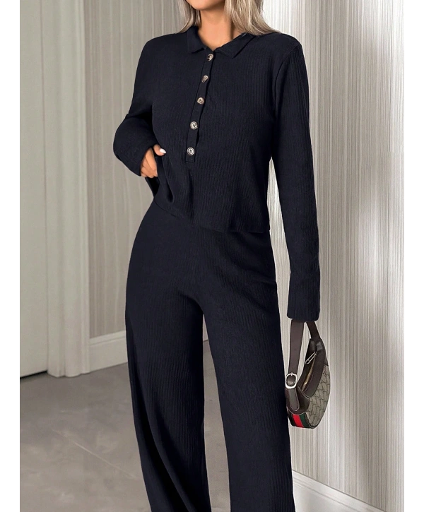 Kadın Uzun Kollu Yaka Düğmeli Yüksek Bel İkili Takım