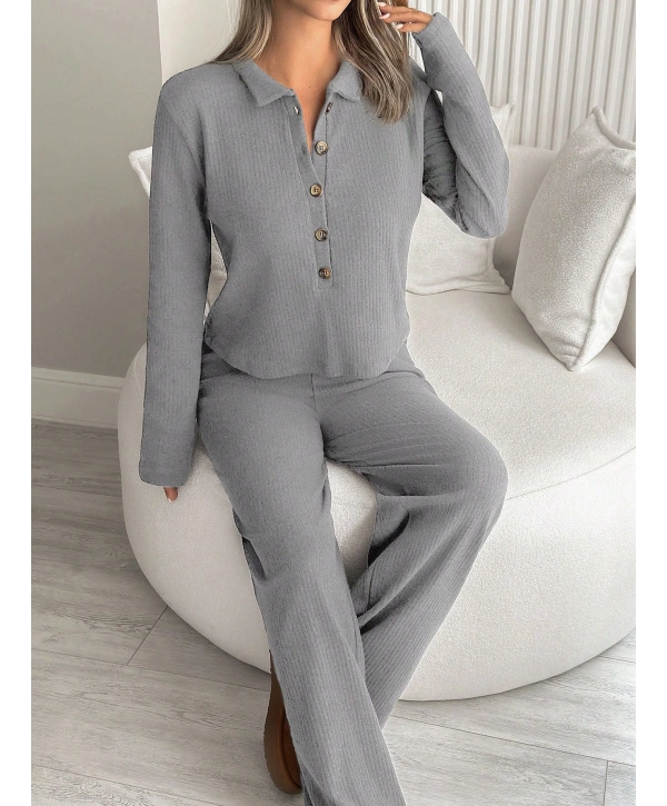 Kadın Uzun Kollu Yaka Düğmeli Yüksek Bel İkili Takım