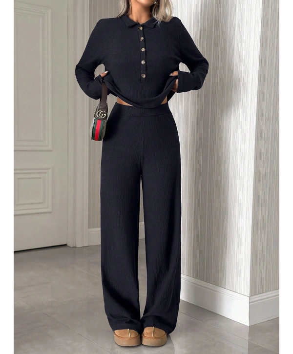 Kadın Uzun Kollu Yaka Düğmeli Yüksek Bel İkili Takım