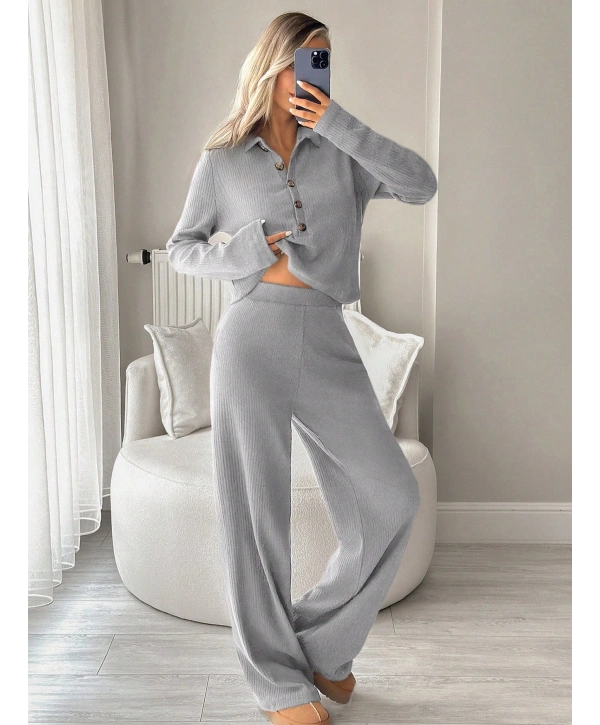 Kadın Uzun Kollu Yaka Düğmeli Yüksek Bel İkili Takım