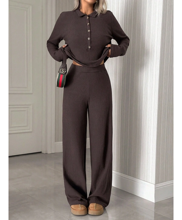 Kadın Uzun Kollu Yaka Düğmeli Yüksek Bel İkili Takım