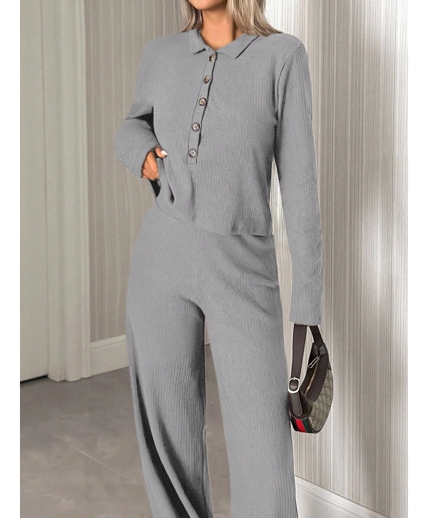 Kadın Uzun Kollu Yaka Düğmeli Yüksek Bel İkili Takım