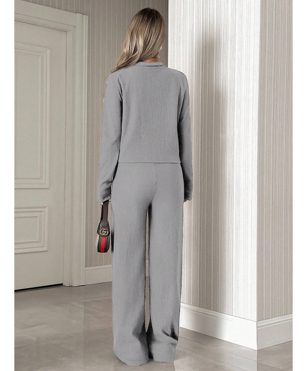 Kadın Uzun Kollu Yaka Düğmeli Yüksek Bel İkili Takım