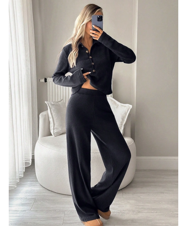 Kadın Uzun Kollu Yaka Düğmeli Yüksek Bel İkili Takım