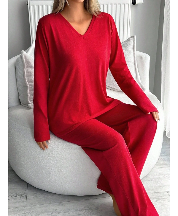Kadın Uzun Kollu Yüksek Bel V Yaka Kırmızı İkili Takım