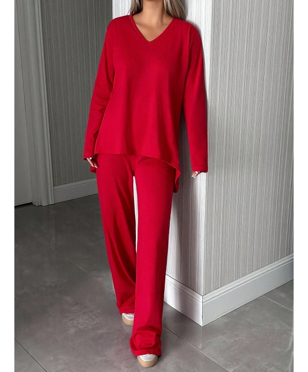 Kadın Uzun Kollu Yüksek Bel V Yaka Kırmızı İkili Takım