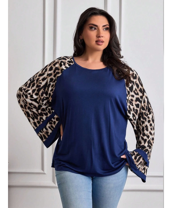 Kadın Uzun Leopar Kol Detaylı Lacivert Bluz