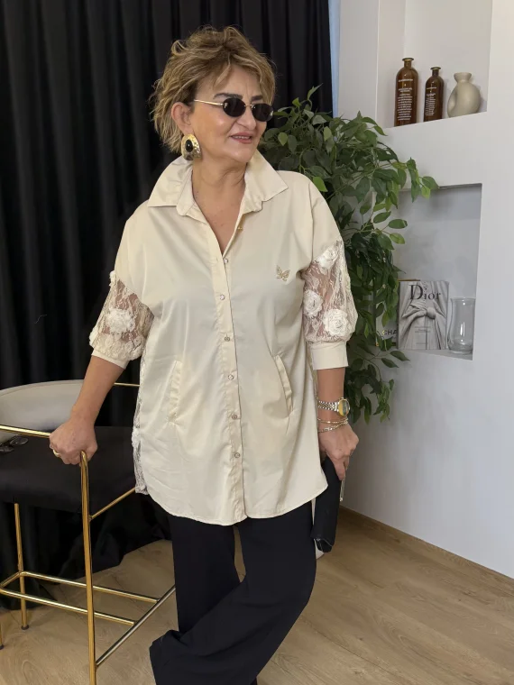 Krem Kolu Dantelli Gömlek 6911