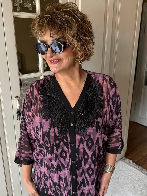 Mor-Siyah Şifon Gömlek 4048