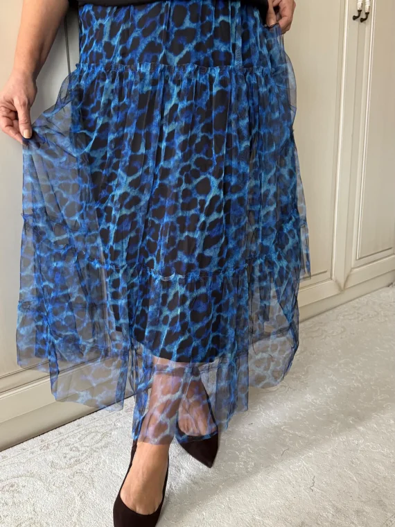 Saks Mavi Desenli Katlı Tül Etek 2033