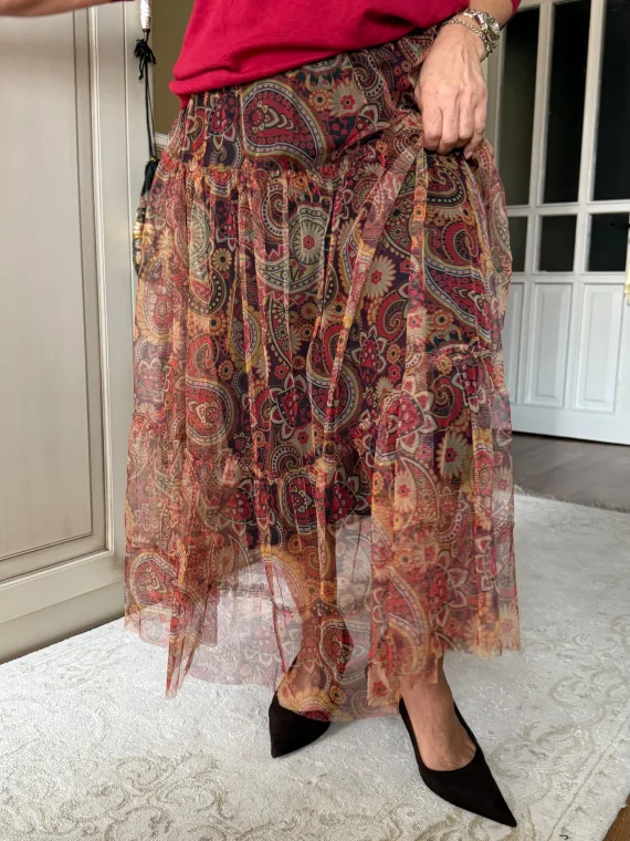 Oranj Desenli Katlı Tül Etek 2033