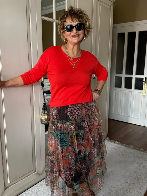 Renkli Desenli Katlı Tül Etek 2033