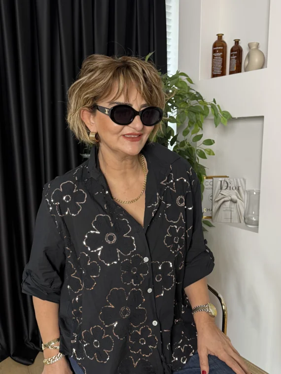 Siyah Yıldız Çiçeği Desenli Gömlek 25005