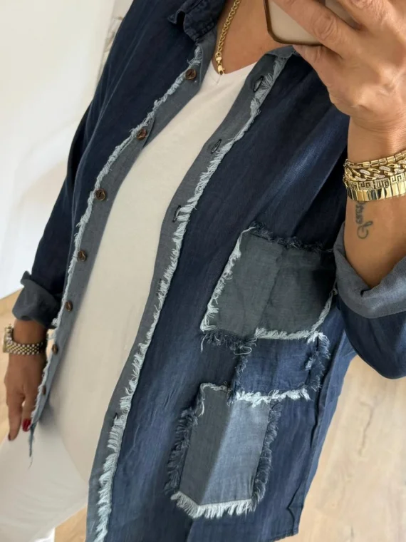 Lacivert Tensel Parçalı Kot Gömlek MD214