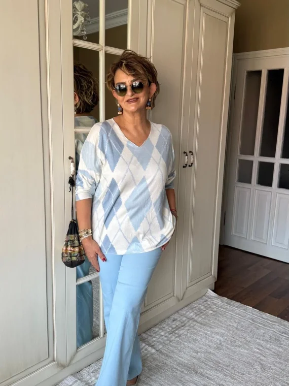 Açık Mavi Baklava Desen Bluz 20661-26