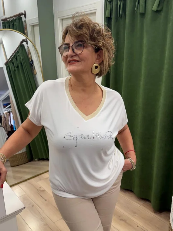 Beyaz Taş Desenli Bluz LVD