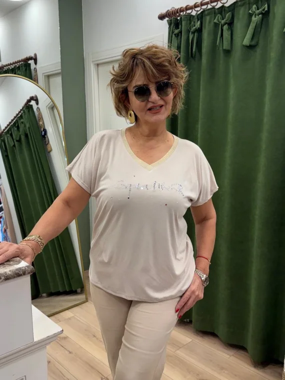 Bej Taş Desenli Bluz LVD