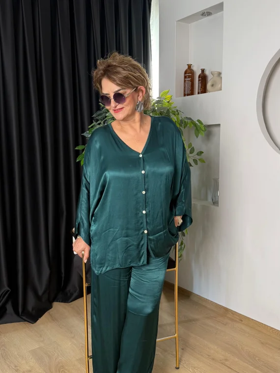 Zümrüt Yeşili Önü Düğmeli Saten Takım 2602XA36