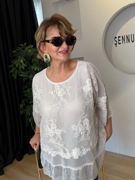 Ekru Çiçekli File Bluz LVD