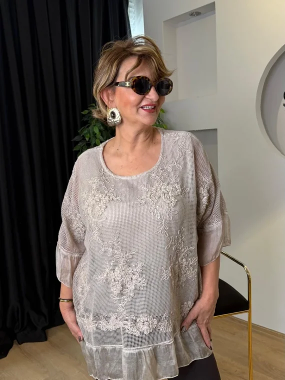 Krem Çiçekli File Bluz LVD