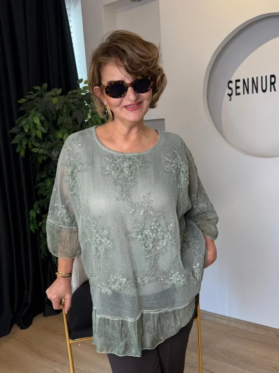 Yeşil Çiçekli File Bluz LVD