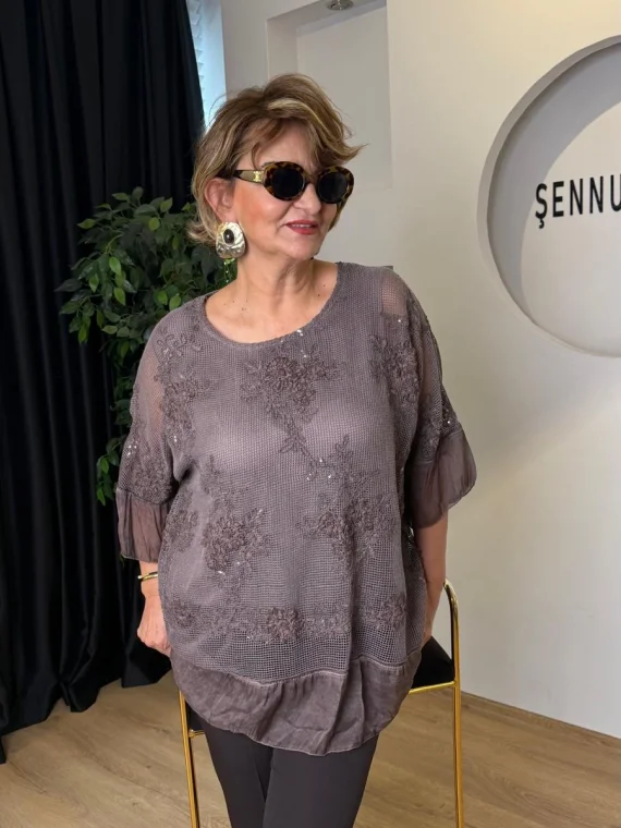 Kahve Çiçekli File Bluz LVD