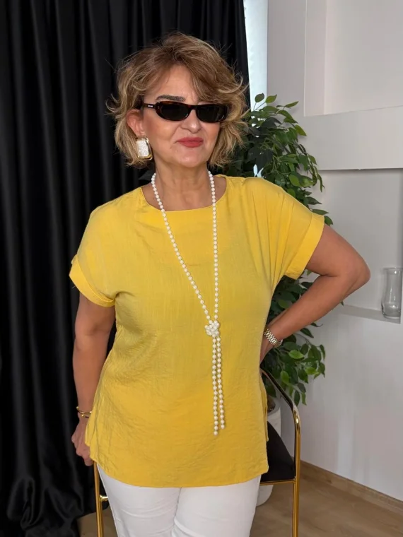 Sarı Düşük Kol Basıc Bluz 20128