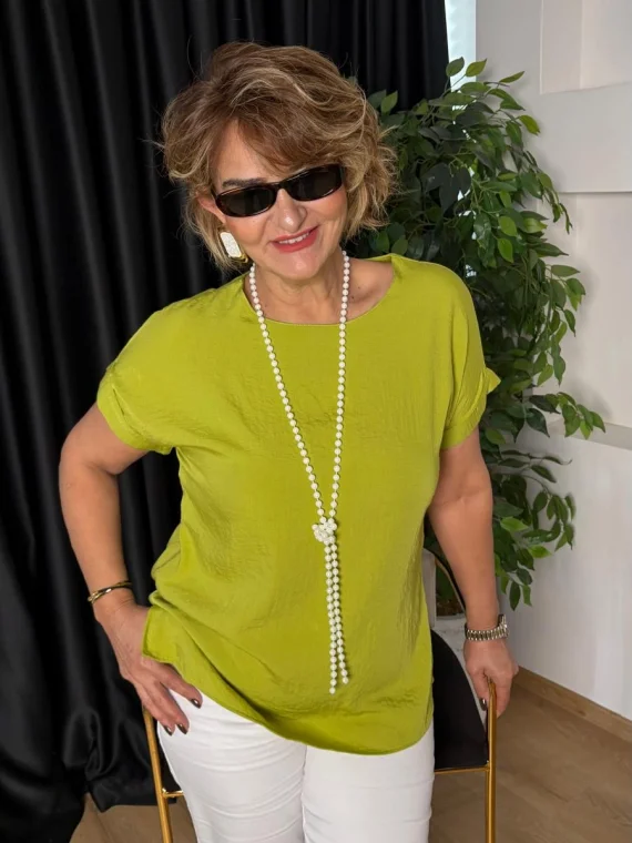 Fıstık Yeşil Düşük Kol Basıc Bluz 20128