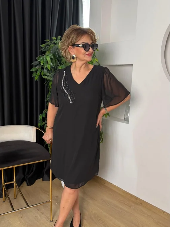 Siyah Taş Baskılı Şifon Elbise 70037