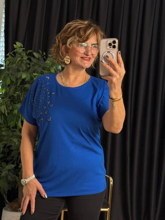 Saks Yuvarlak Yaka Taşlı Kısa Kol Bluz 25Y6023